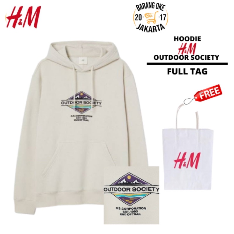 (COD) 9.9 Hoodie Jaket H&amp;M Pria Wanita Outdoor Society Cream Sweater Cowok Cewek Full Tag