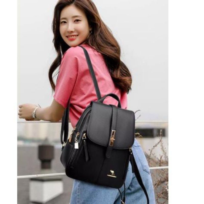 EMOEMO-Tas Ransel Kulit Wanita Kuliah Backpack Fashion anti air seri Kangguru