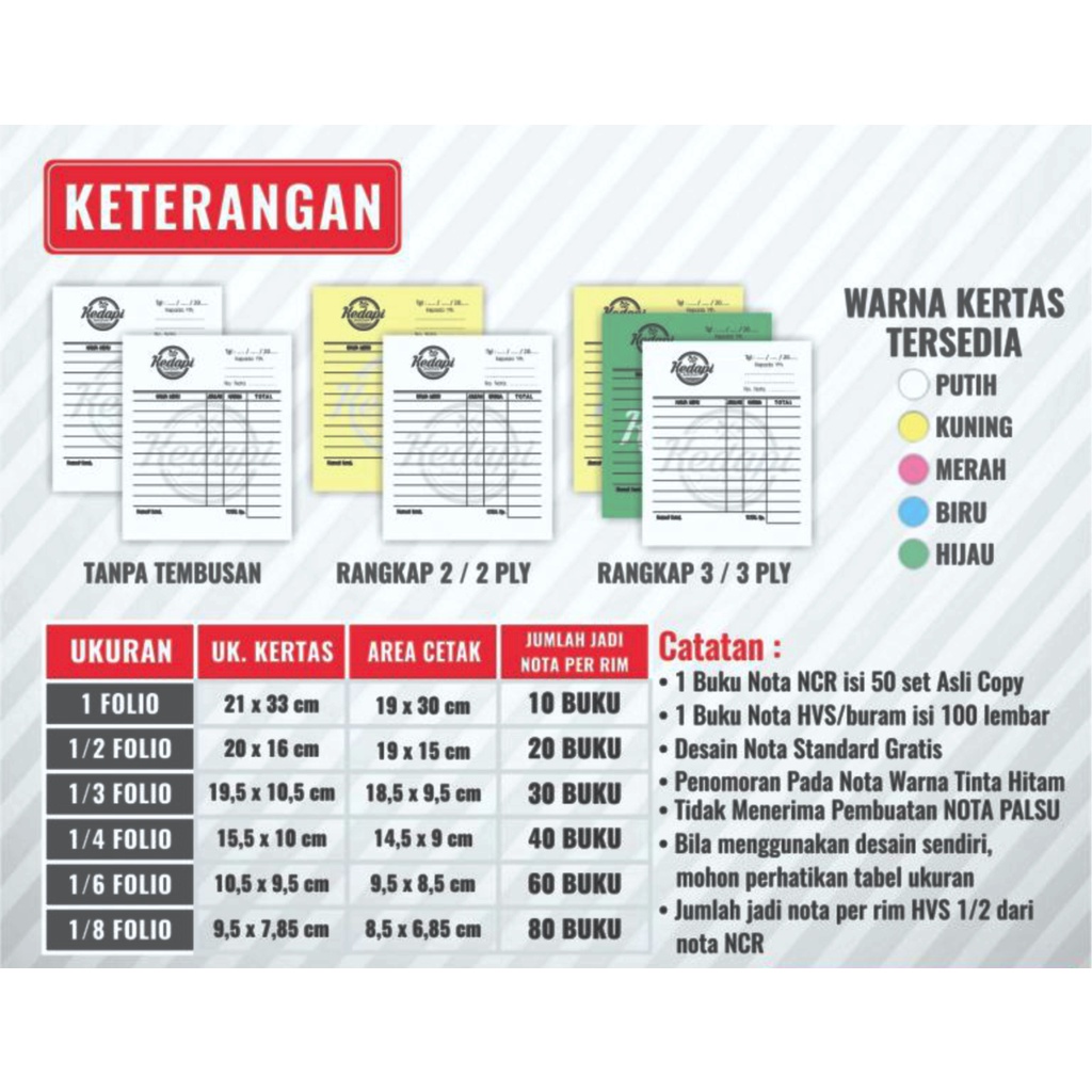 

CETAK NOTA ---1 Rim 2 Ply - Rangkap---Percetakan NCR Custom Nota Kwitansi Bon