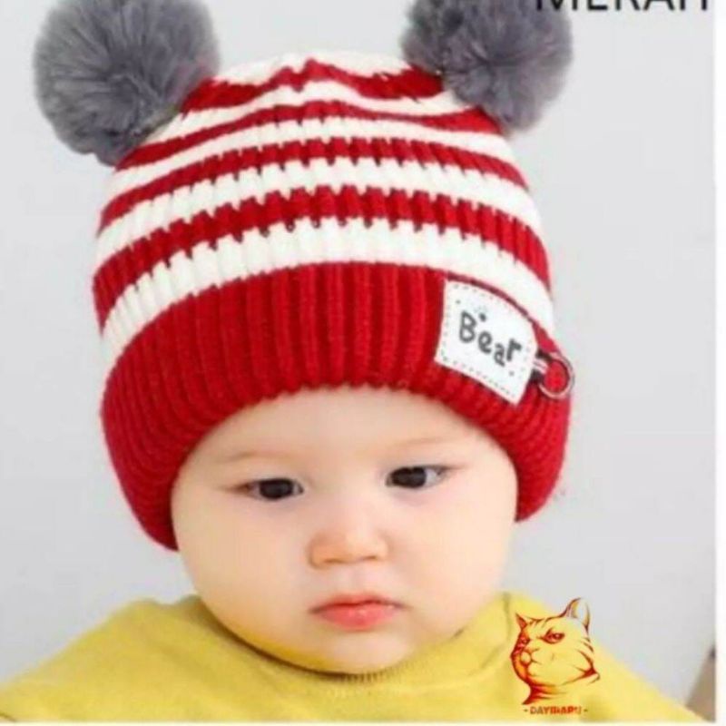 Kupluk pompom rajut anak Label bear salur/kupluk pompom anak/kupluk anak trendy