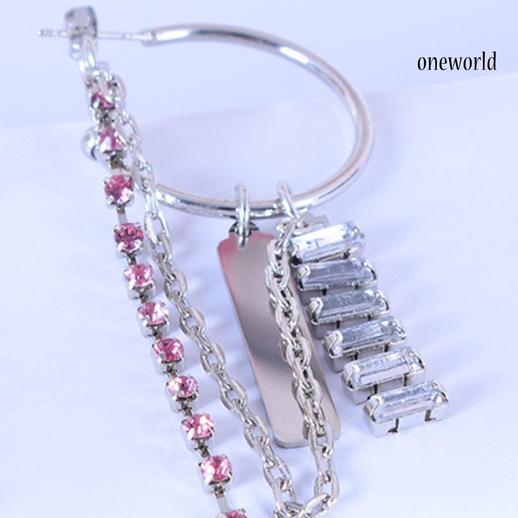 OW@ 1 Pair C-shaped Chain Tassel Drop Earrings Women Pink Rhinestone Clip Earrings Jewelry Accessory