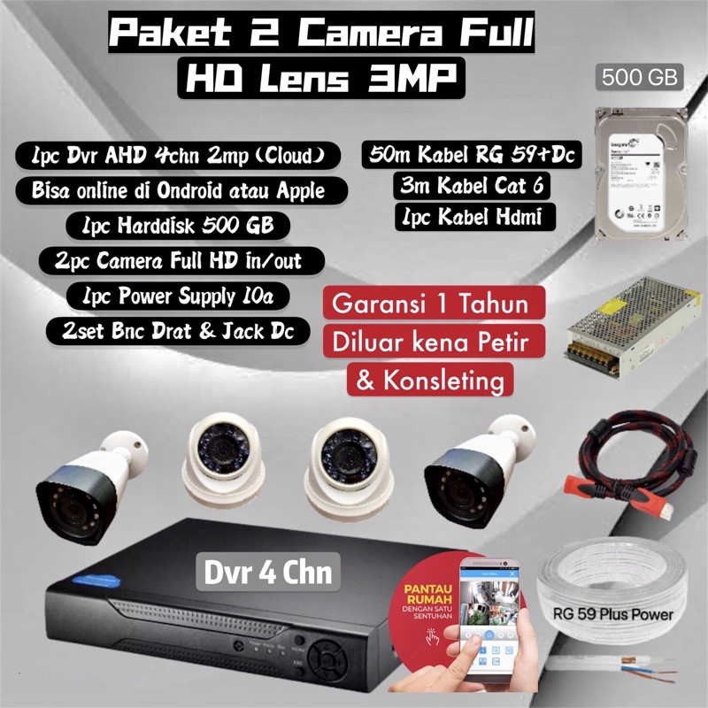 Paket cctv 2 kamera full hd lensa 3mp