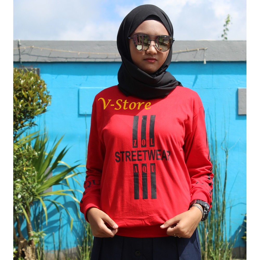 Baju Kaos Lengan Panjang Baju Wanita Kaos Zolaqu Strip Warna Merah