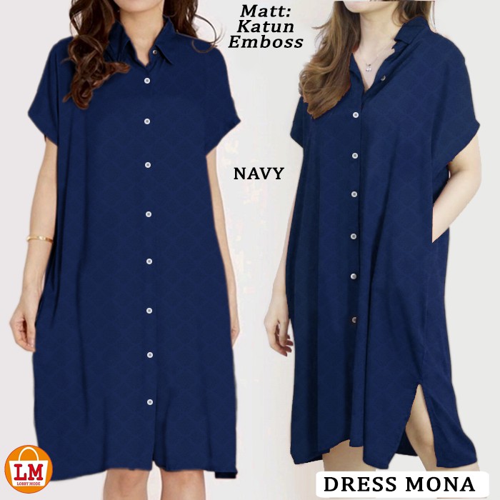 LMS 19941 Baju Dress Wanita DRESS MONA Motif Polos Katun Emboss TERMURAH TERLARIS TERBARU