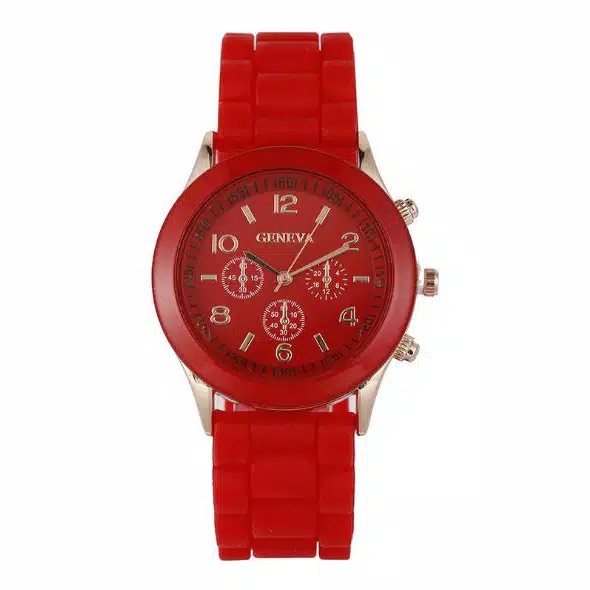 ✅COD [BBS] GENEVA Jam Tangan Wanita / Pria Analog Fashion Casual Women Wrist Quartz Watch rubber-Merah