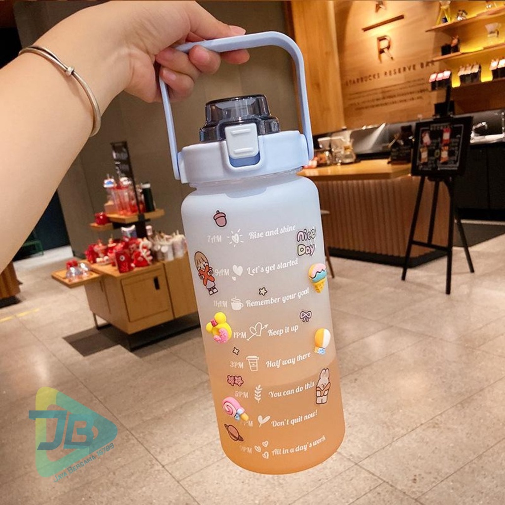 RT61 botol minum tumbler korea warna gradasi pelangi penanda waktu ukuran besar 2 liter 2000ml 2l JB5392