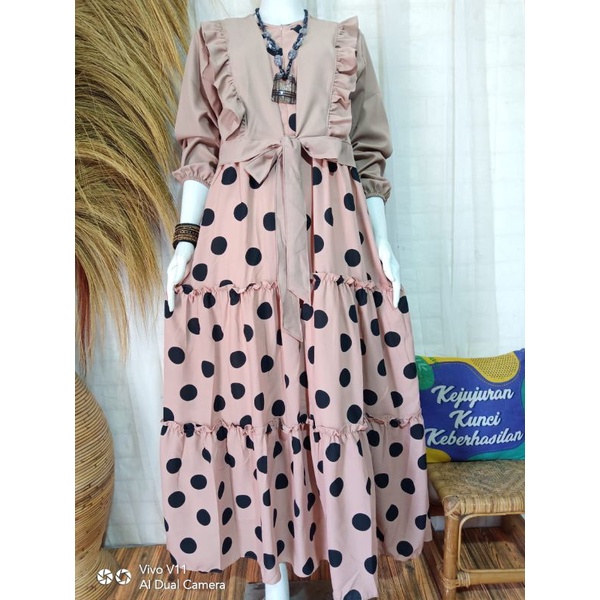 Gamis Polkadot Rompi Bisa Lepas Bahan Monalisa Rompi Moscrep Dres Muslim Pakaian Wanita