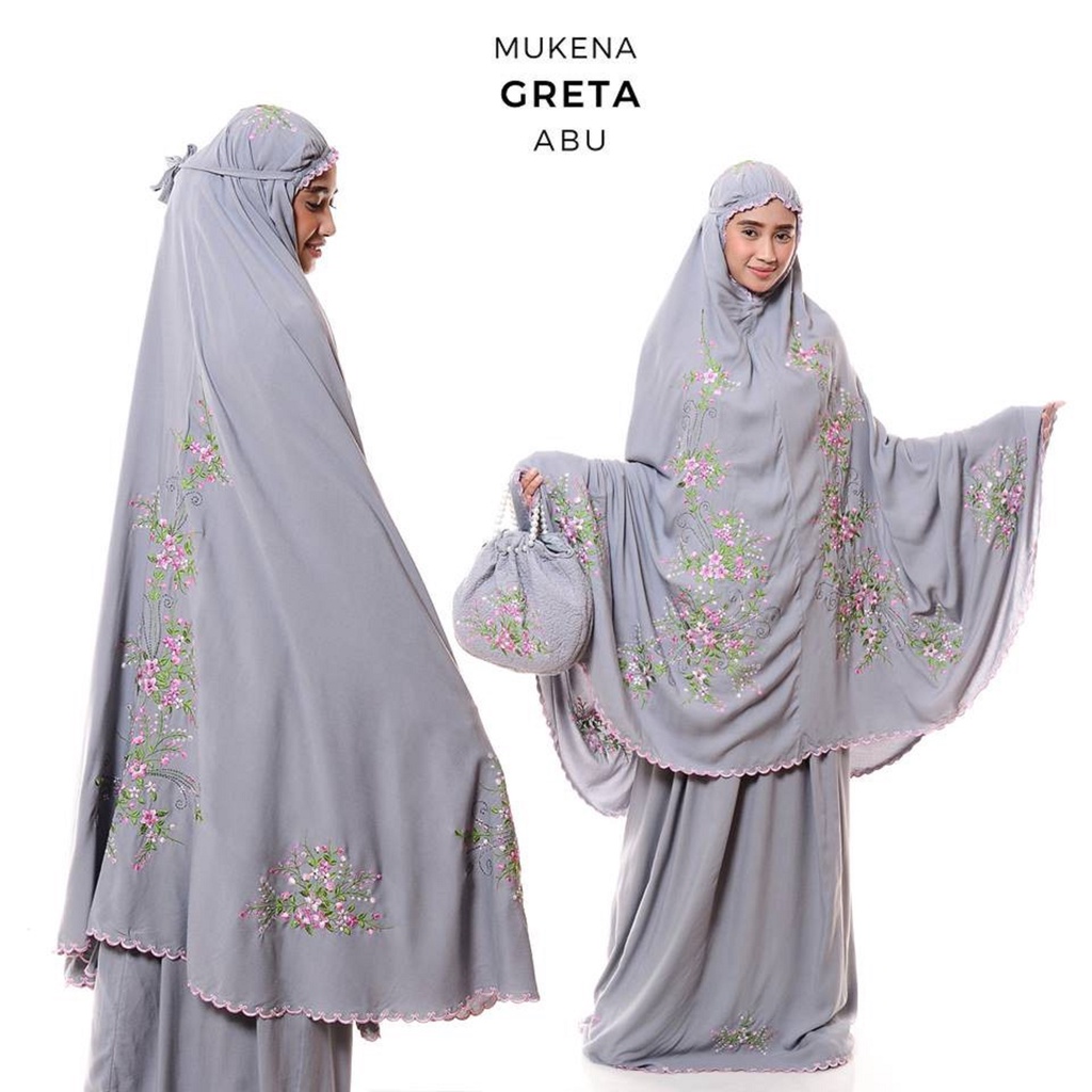 MUKENA DEWASA JUMBO KATUN RAYON BORDIR BUNGA GRETA PREMIUM TRAVEL PROMO MURAH FREE TAS