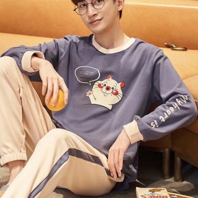 ☪ PIYAMA COWOK SPANDEX IMPORT DEWASA BAJU TIDUR PRIA SWEATER SETELAN CELANA PANJANG JUMBO BIG SIZE ✮