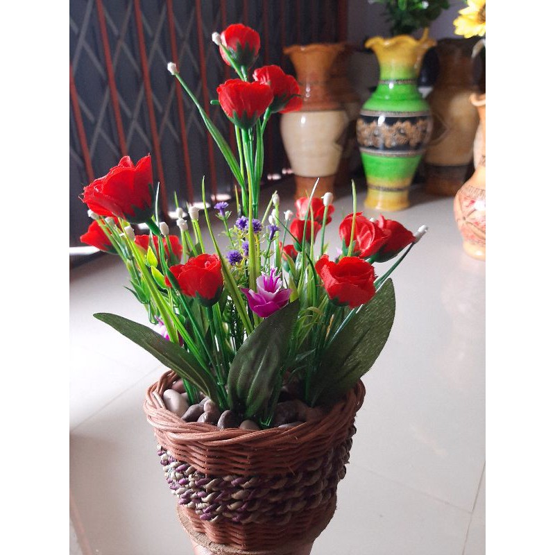 BUNGA MEJA VAS ROTAN BUNGA ARTIFICIAL