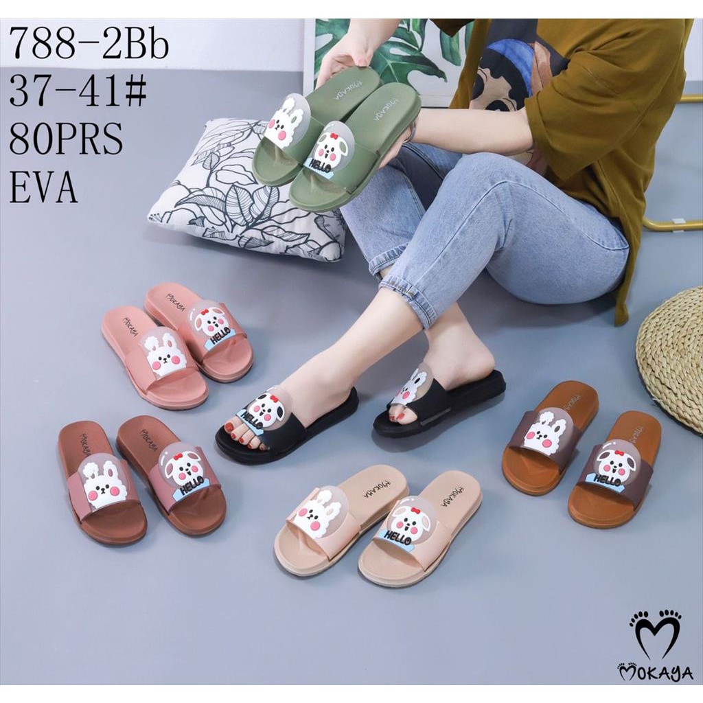 Sandal Slop Jelly Karet Wanita Ban Bunny Pita Hello Cantik Lucu Kekinian Import Mokaya / Size 37-41 (788-2Bb)