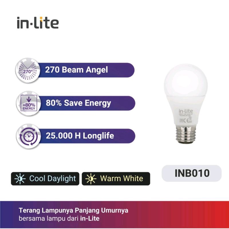 Lampu LED 9 Watt Putih In-Lite INB010 CooldayLight E27