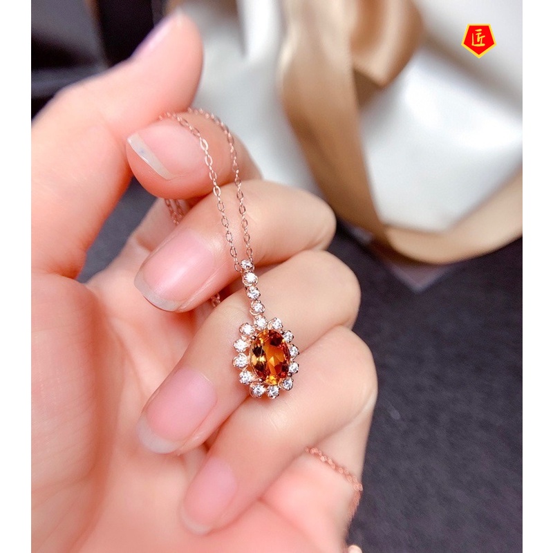 [Ready Stock]Natural Citrine Necklace Set Rings Stud Earrings