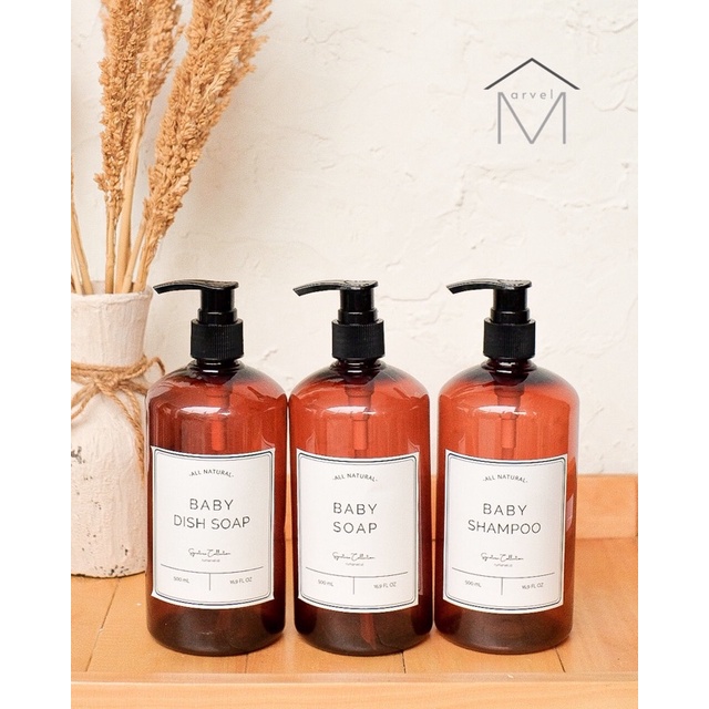 BOTOL SABUN SHAMPOO BAYI AMBER COKELAT 500ML REFILL PUMP MINIMALIS AESTHETIC PUMP 1000ML BABY SOAP