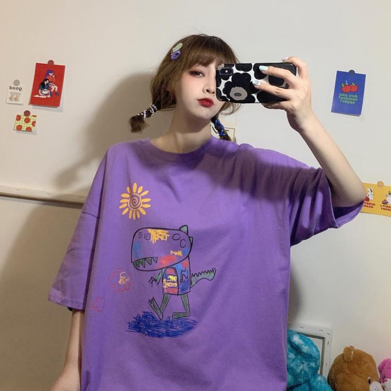 Oversize Tee Tshirt Model Longgar Untuk Wanita Motif Dino Warna Warni