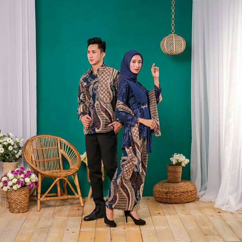 BATIK EXPRESS - Kebaya Couple Brokat Modern Bianca Rayya Kebaya Wisuda dan Kondangan Kebaya Couple Batik Prima Lengan Panjang Set Wanita Modern