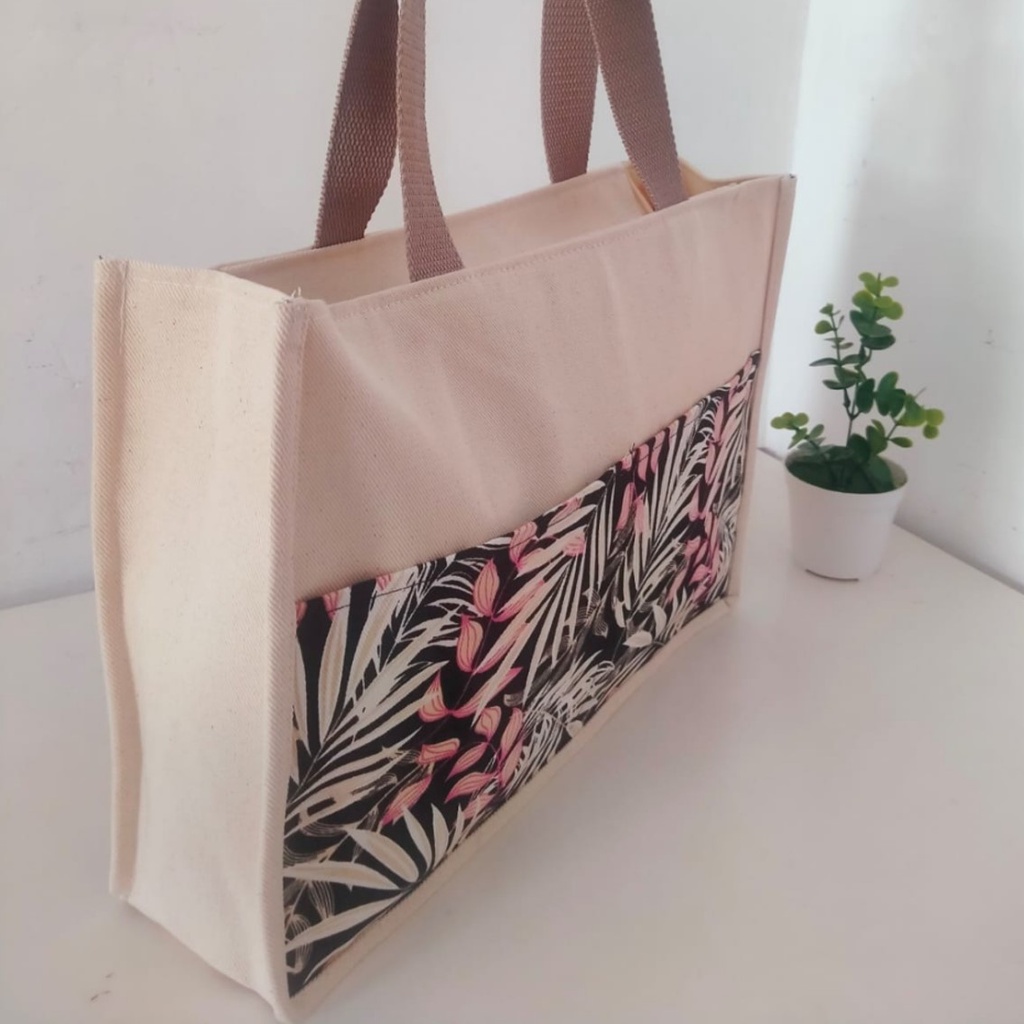 RIENS COLLECTIONS. TAS GONI WANITA KOMBINASI KANVAS MOTIF FLORAL PALM HITAM