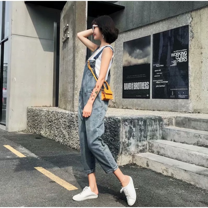 Overall denim panjang Jumpsuit Celana panjang Jumpsuit Wanita Fashion Simple lucu jumpsuit longgar versi korea wanita Korean Style