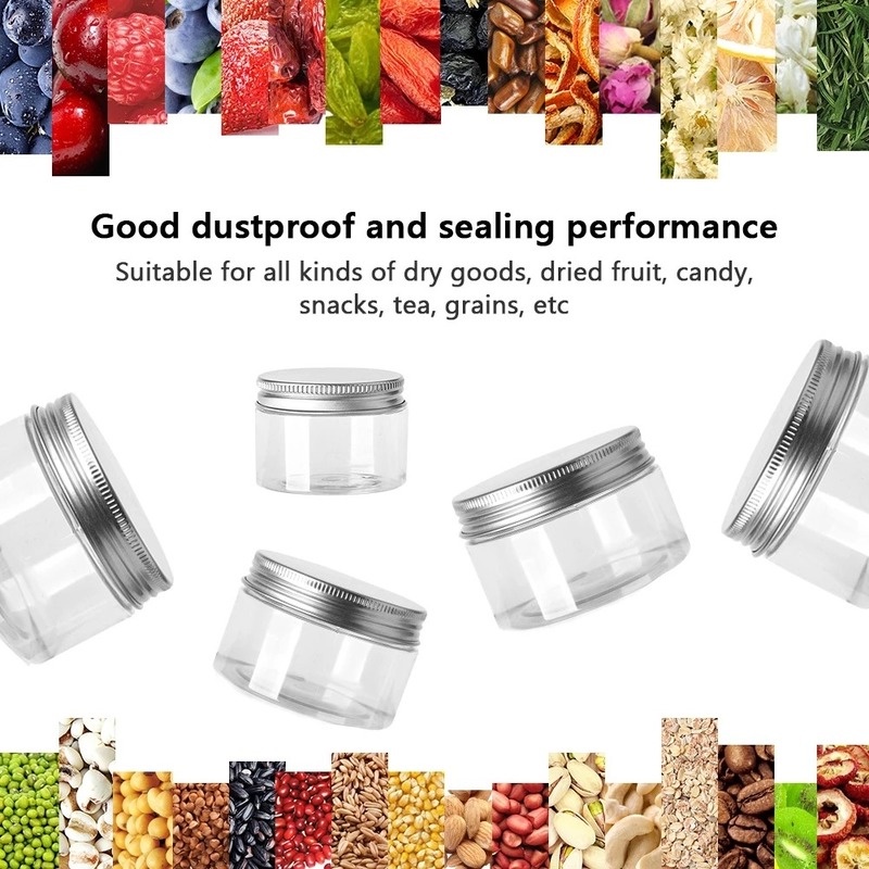 Aluminum Lid Round Food Storage Tank/ Transparent Plastic Storage Jars Container/ Clear Face Cream Sample Pot/ Kitchen Wide Mouth Refillable Bottles