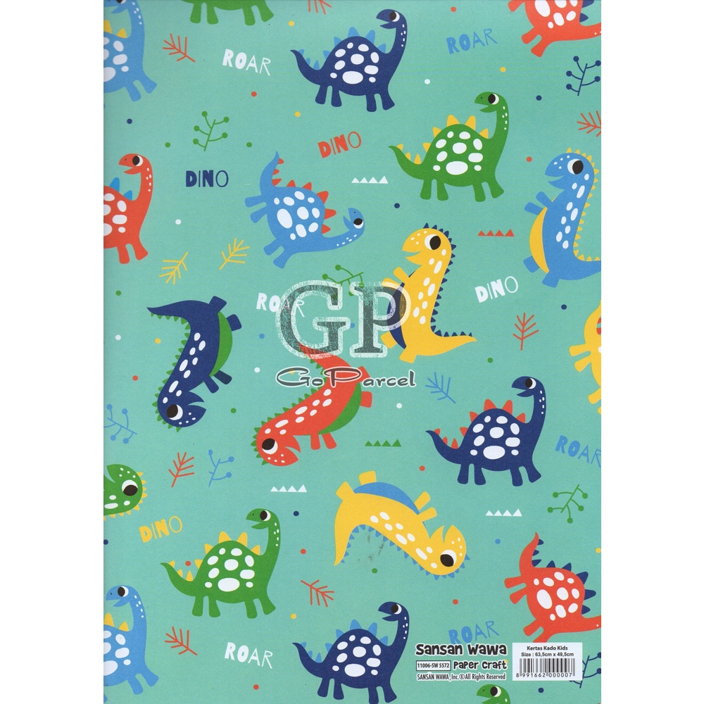 ( 5 Lembar ) DINO SANWA - KERTAS KADO DINOSAURUS - GIFT WRAP PAPER SANSAN WAWA DINOSAURUS CUTE ANIMAL T-REX  / BRONTOSAURUS / TRICERATOPS / VELOCIRAPTOR / DILOPHOSAURUS / SPINOSAURUS / CORYYTHOSAURUS / TYRANNOSAURUS REX