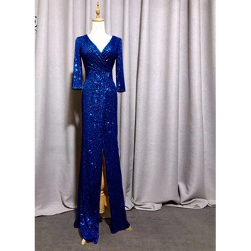 ‎Gaun Gold Evening Mermaid Lengan Panjang Evening Gown Glitter V Neck Split Party Dress Sequin Forma