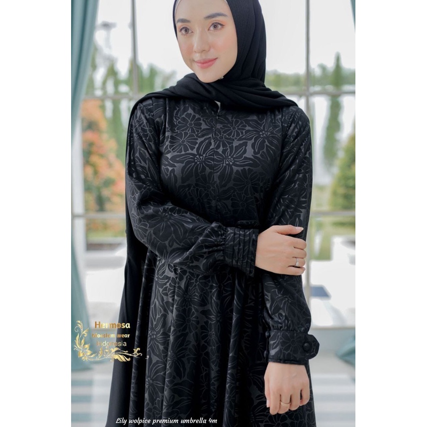 (Hermosa) Gamis embos hermosa motif bunga lily warna hitam-gamis hitam pekat-gamis embos bunga besar