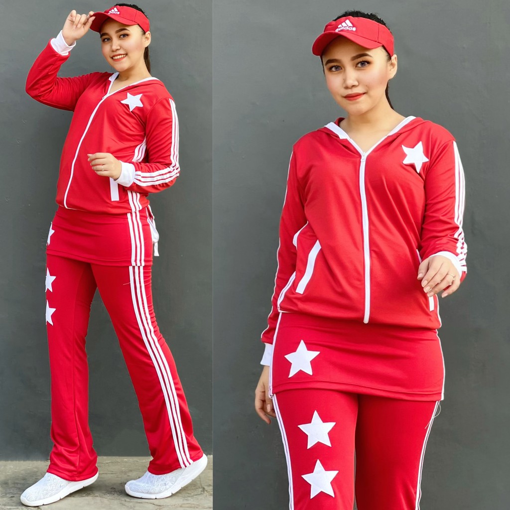 Stelan Baju Senam  Outdoor Panjang Muslimah Hijab Cycling Rok Merah Putih