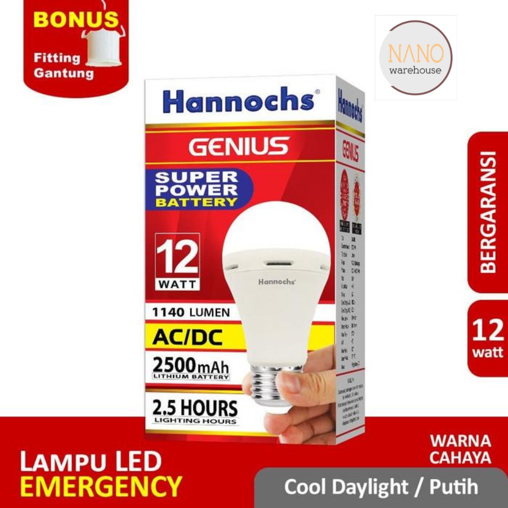 Bola Lampu Cas Darurat Emergency Hannochs LED Genius 12w AC/DC Putih Otomatis Nyala