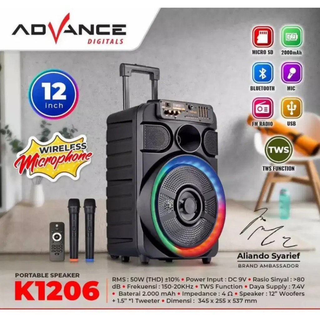 Advance Digitals SPEAKER PORTABLE K1206.2 MIC WIRELESS |Garansi Resmi 1 Tahun|