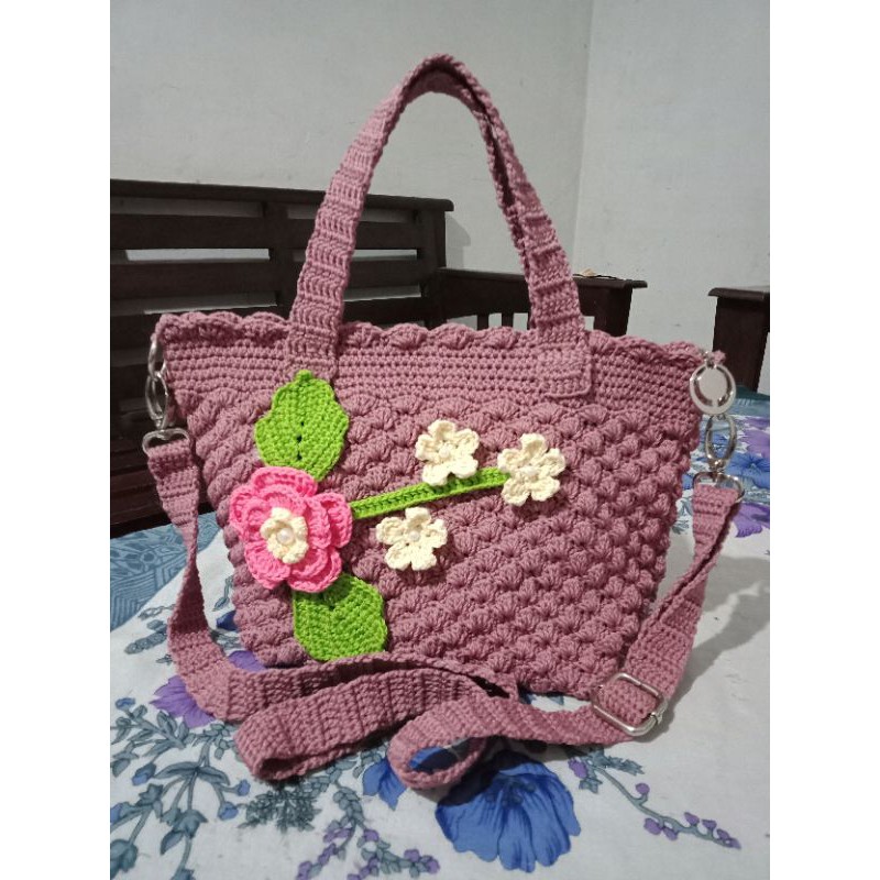 MONICA RAJUT DUSTY PINK // TAS RAJUT BUNGA TIGA WARNA DUSTY PINK //TAS RAJUT KEKINIAN / TAS SLEMPANG