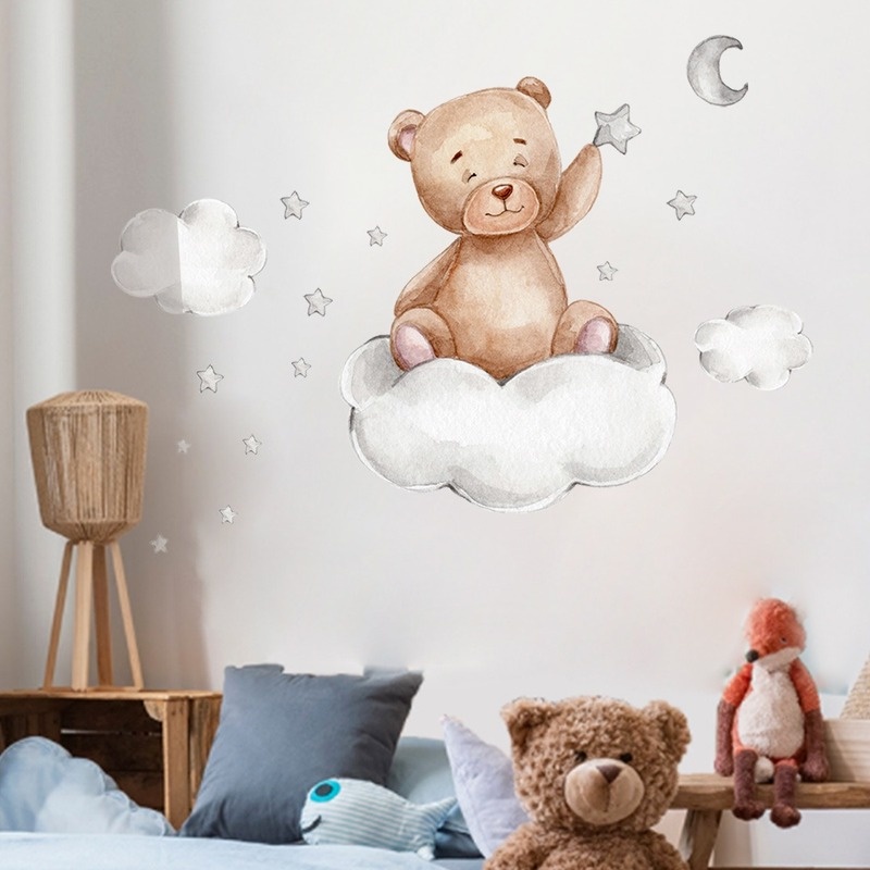 Stiker Dinding Desain Kartun Beruang Teddy Bear Bulan Bintang Dengan Perekat Dapat Dilepas Untuk Kamar Anak