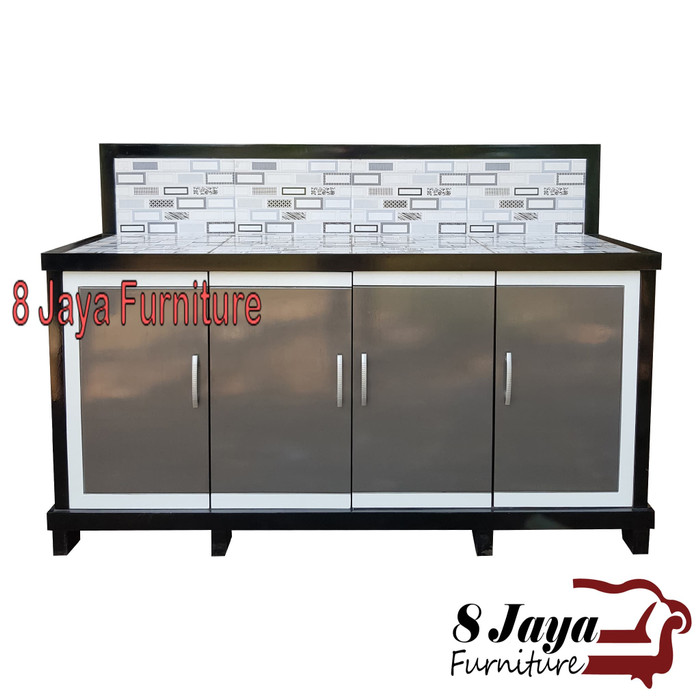 Meja Dapur Minimalis 4 Pintu Kayu Grey Rak Sayur Kompor Magic Com Anti Rayap Tebal Kokoh