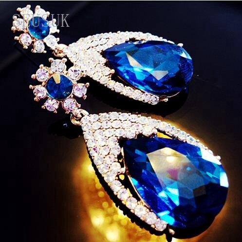 SEUSUK  Fashion Blue Large Crystal Vintage Pendant Earrings Female Dangle Earrings Sapphire Jewelry