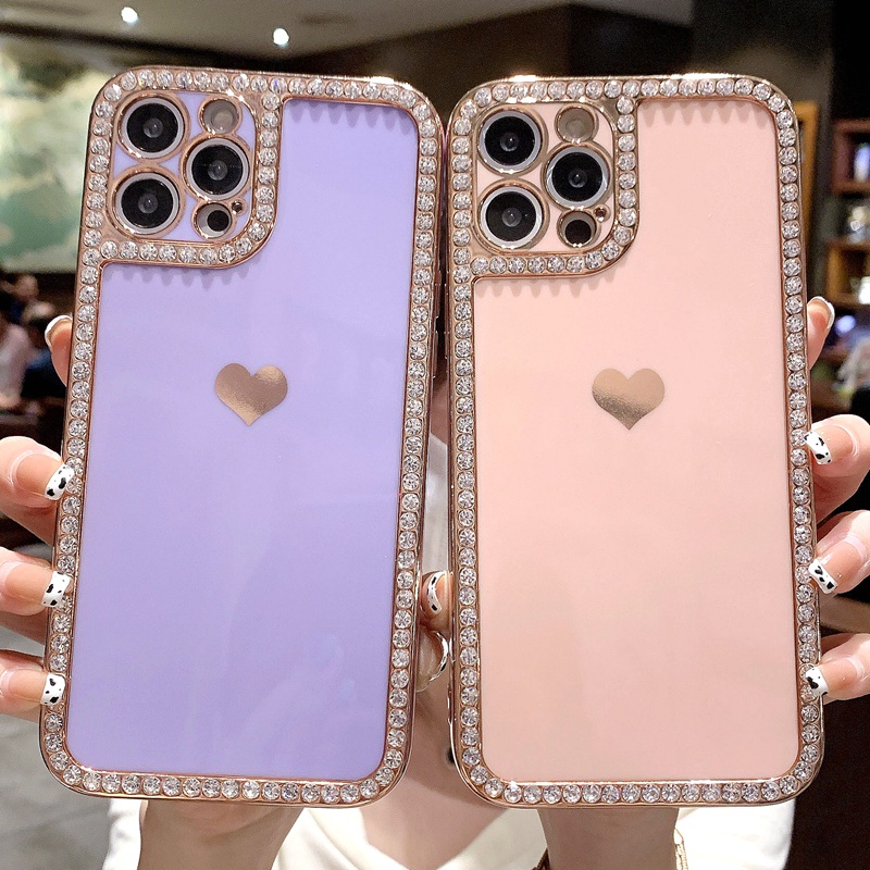 Case Bumper Belakang Desain Hati Bling Berlian Imitasi Untuk Iphone 12 11 13 Pro Max X XR XS Max 7 8 Plus SE 2020