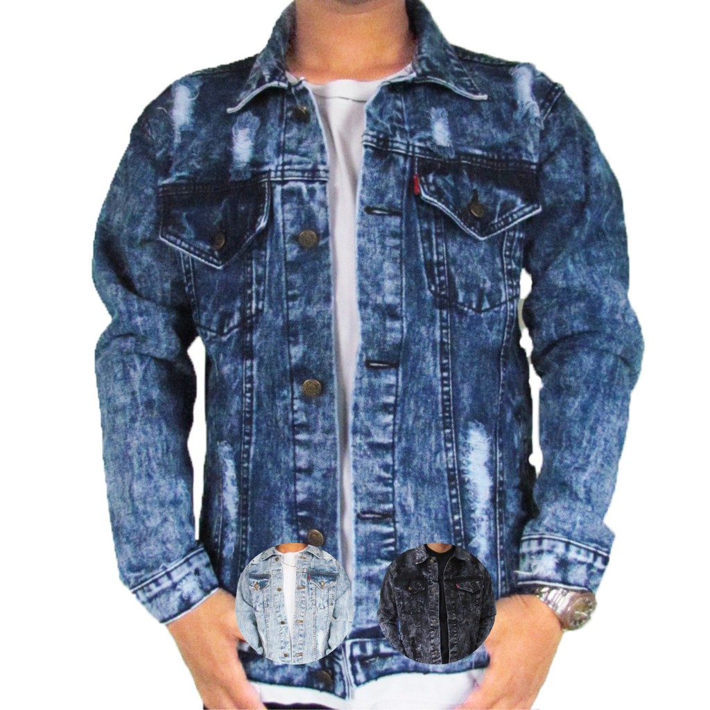 Jaket Pria Sobek Jeans Standar model Washing Belel Loreng katun Denim bukan Levis