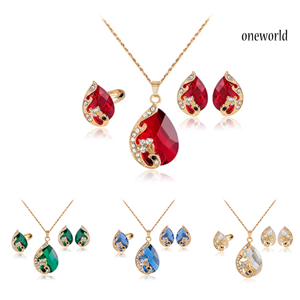 OW@ Jewelry Set Rhinestone Inlaid Temperament Alloy Exquisite Waterdrop Pendants Earrings Ring for Anniversary