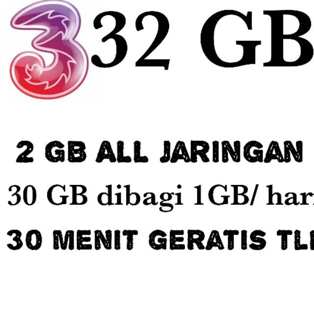 Voucher tri 32 gb, paket data 3 32 gb inject/ kuota 3 32gb /  vocher 3 32 gb bukan fisik