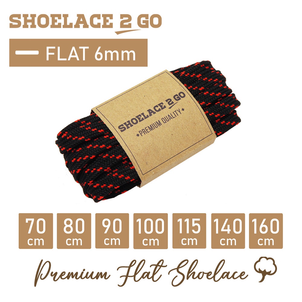 SHOELACE 2 GO PREMIUM TALI SEPATU MOTIF GEPENG PIPIH FLAT N1 BLACK WITH RED STRIPES - 70CM 80CM 90CM 100CM 115CM 140CM 160CM