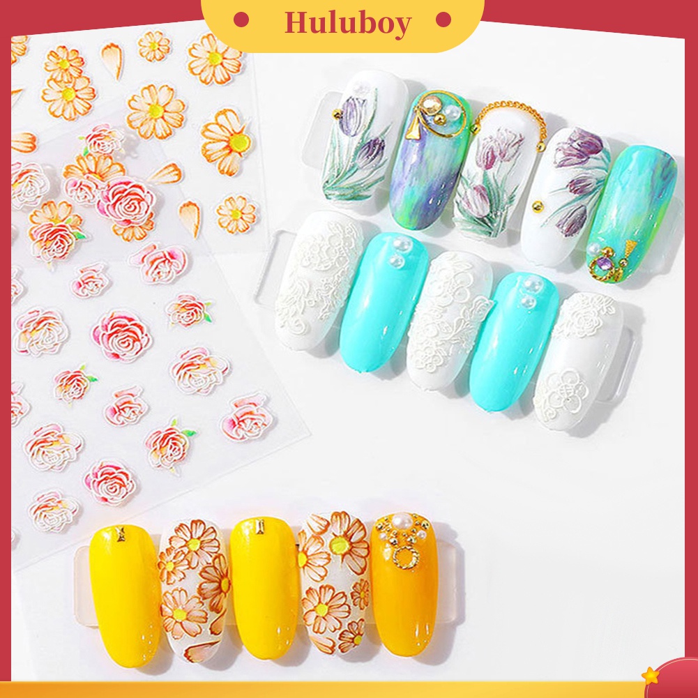 Huluboy Huluboy♡ 1 Lembar Stiker Kuku 5D Motif Bunga Untuk Dekorasi Manicure