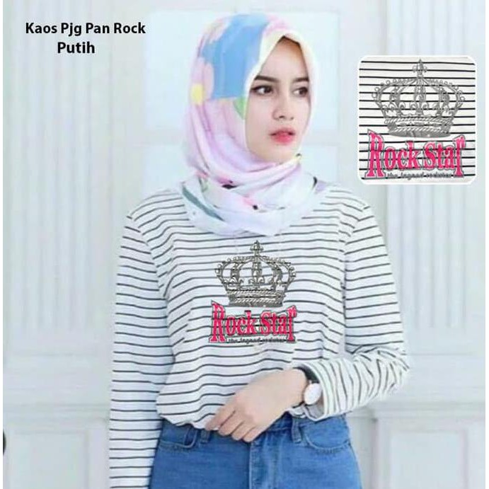 Kaos Panjang Pan Rock Putih/Blus Hijab/Blouse Muslim/Atasan Muslim Cew