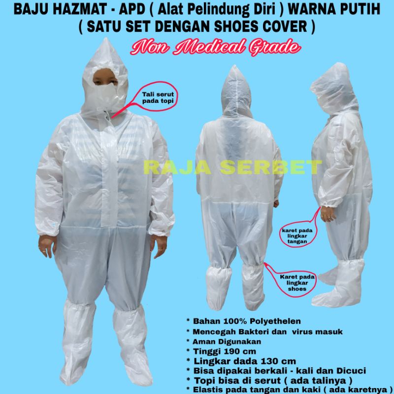 Jas Hujan / Baju Hazmat APD Putih + Shoes Cover