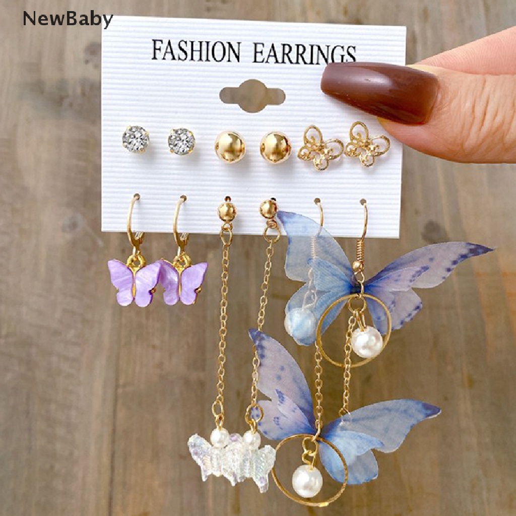 6 Pasang / Set Anting Stud Desain Kupu-Kupu Warna Emas Gaya Korea Untuk Wanita