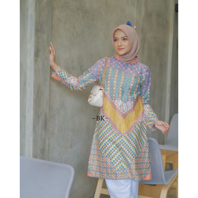 TUNIK BATIK MODERN SOFTCOLOR MOZAIK V ORANGE ||ATASAN WANITA|| M-L-XL-XXL-3L