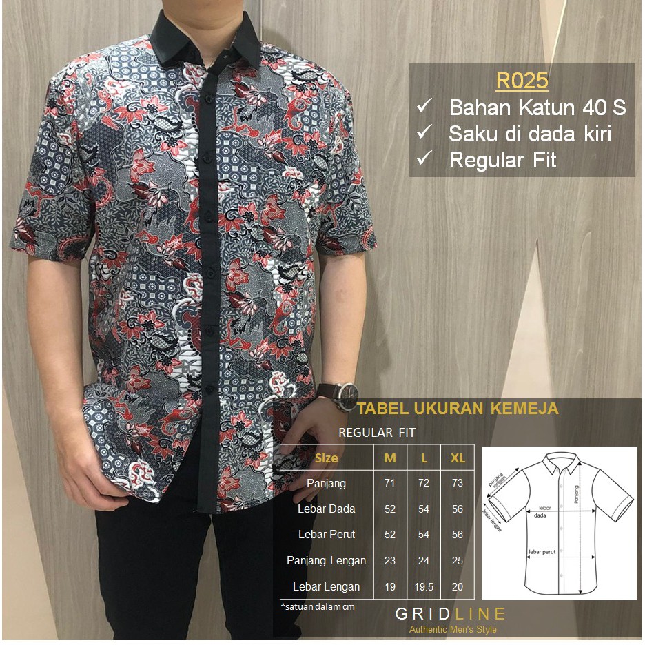 [GRIDLINE - R025] Kemeja Batik Pria Katun Lengan Pendek Regular Batik Abu Modern