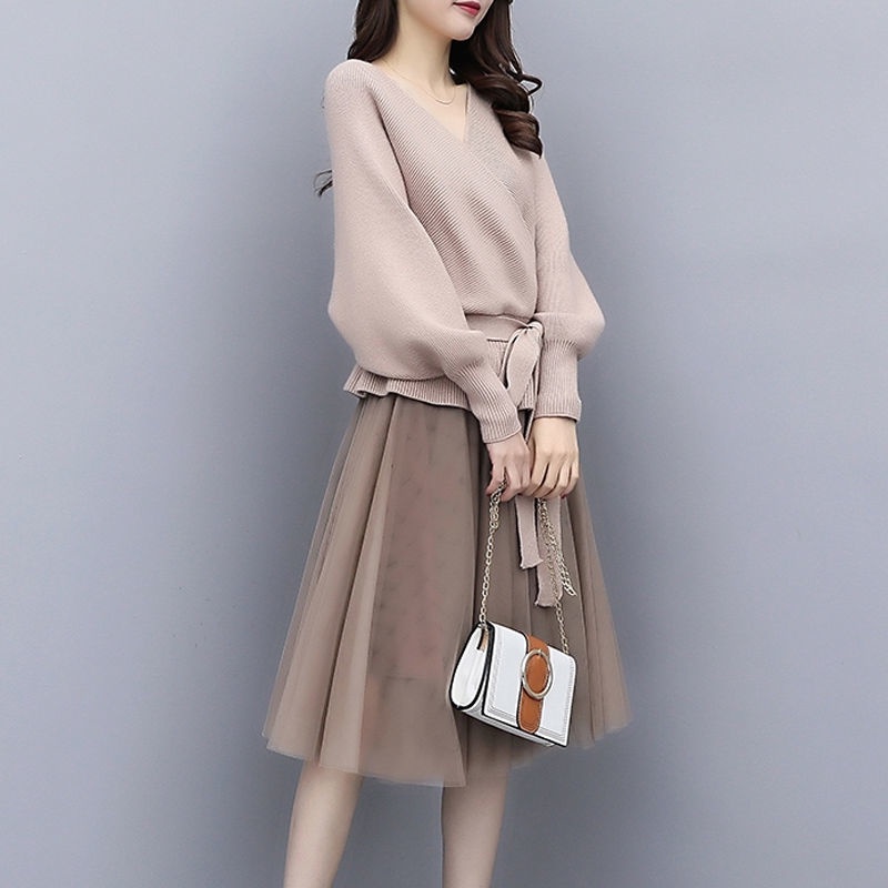 Single / suit new fashion sweater knitwear set women's autumn and winter mesh skirt two-piece set la