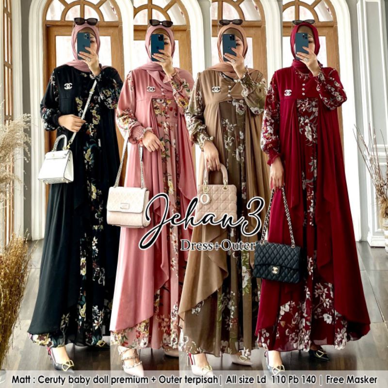 READY Jehan Dress 3 Free Masker  /Maxi Muslim/busana muslim/pesta/gamis/dress/pesta/fashion/promo/hm