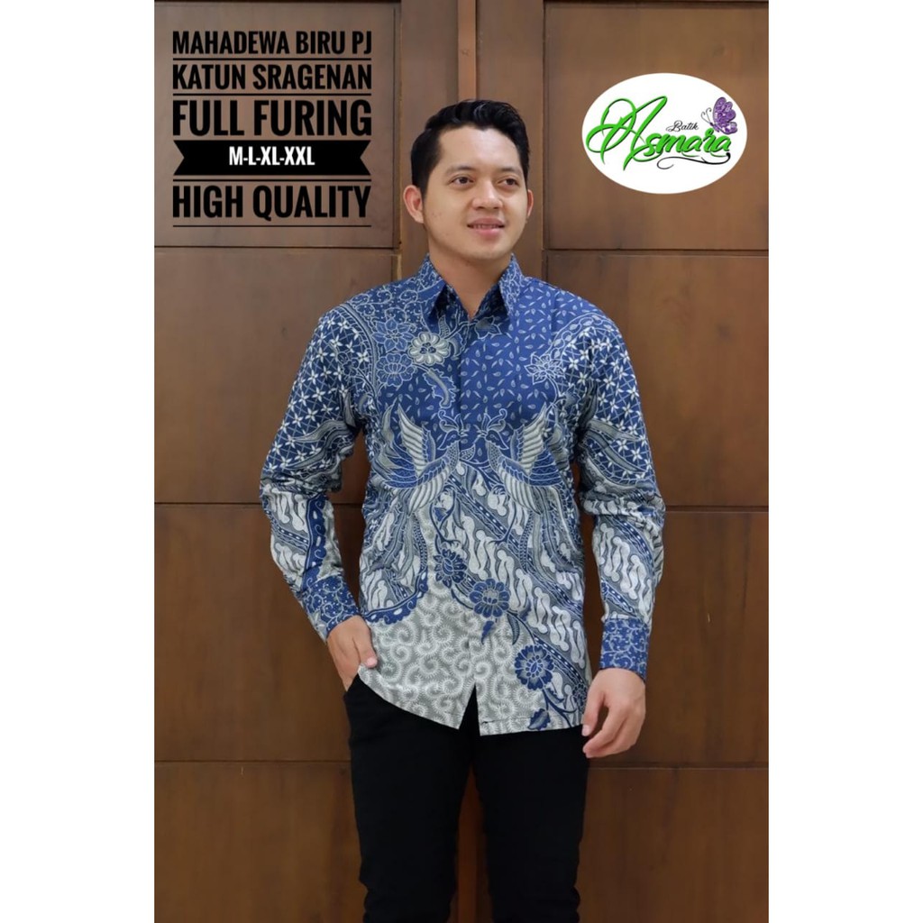 Batik Mahadewa Biru Kemeja Batik Warna Biru Bahan Katun Halus Batik Pria Modern Asli Solo