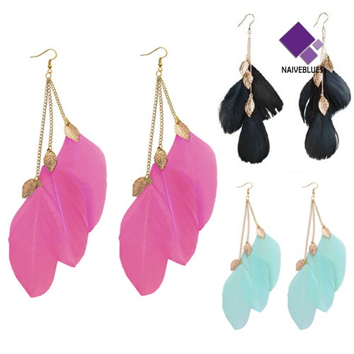 Naiveblue &gt; Anting Kait Gantung Panjang Desain Bulu Daun Handmade Untuk Wanita