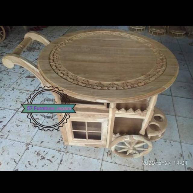Meja bundar dorong kayu jati - Troli rumah makan meja lipat mentahan/ Unfinished