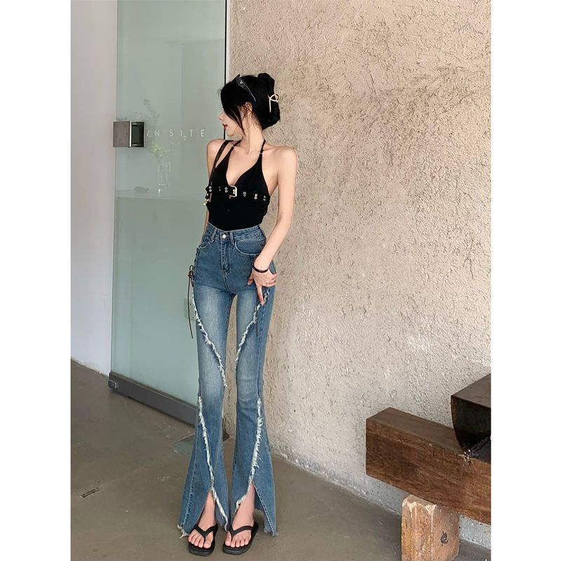 Red Retro Split Raw Edge Strappy Jeans Wanita Musim Panas Slim Peregangan Pinggang Tinggi Slim Celana Berkobar Mikro Celana